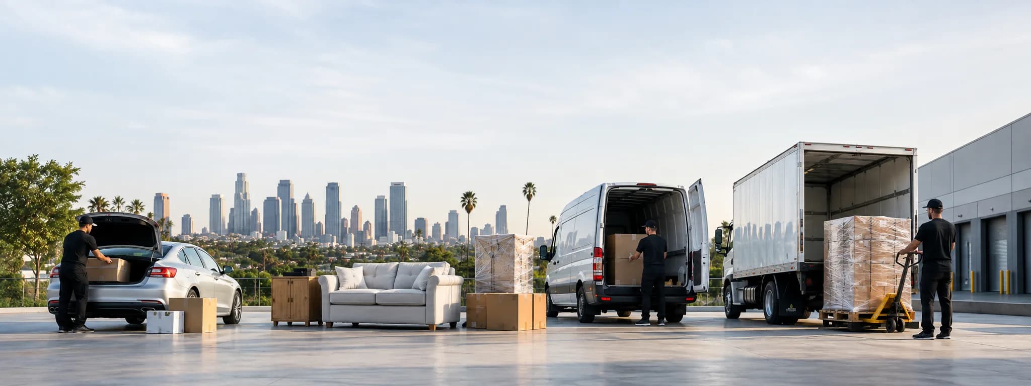 Local delivery capacity ranging from a sedan to cargo vans and a box truck near the Los Angeles skyline